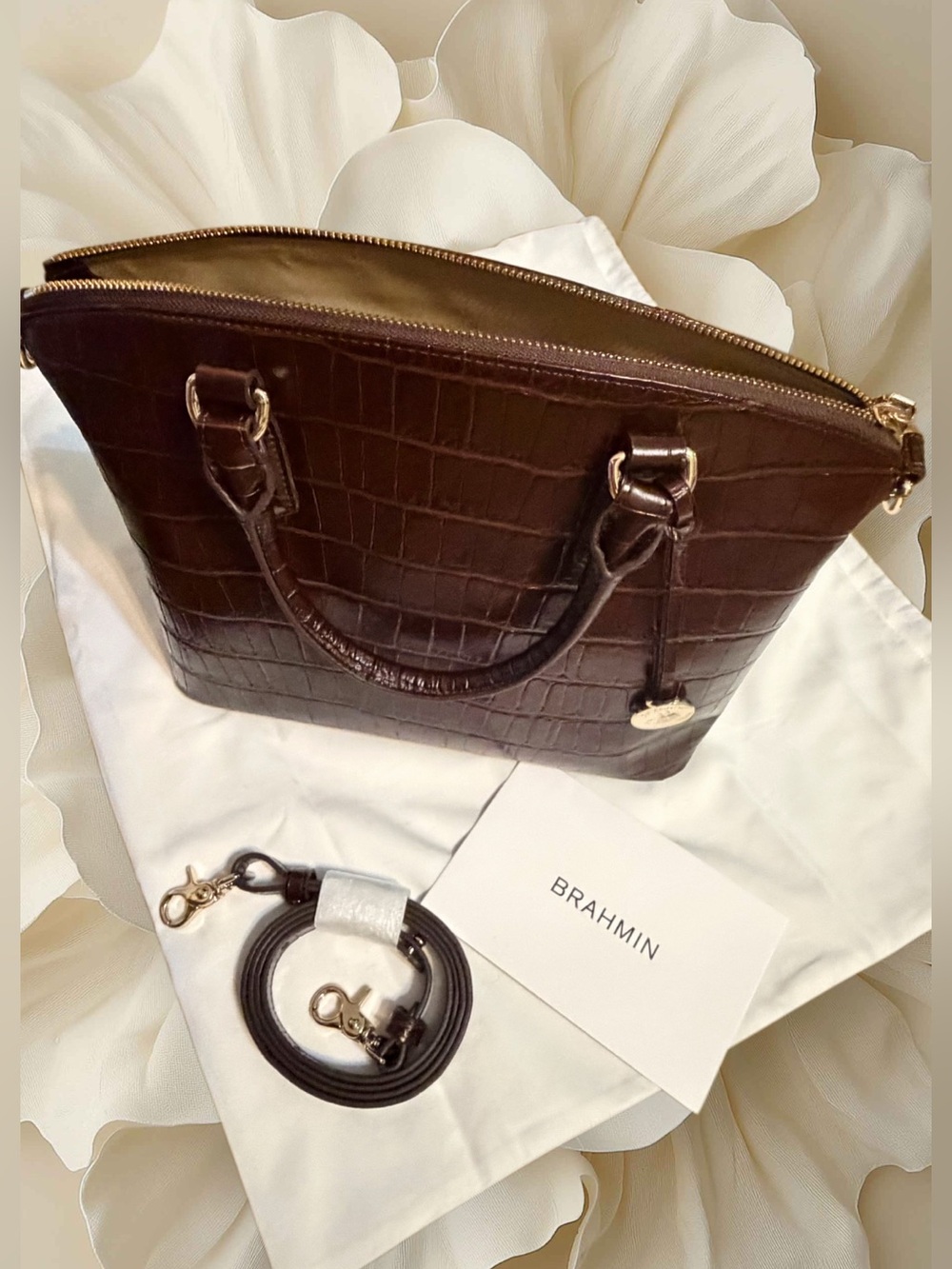 Brahmin NWT Red Chocolate Croc-Embossed Leather Satchel with Gold Hardware